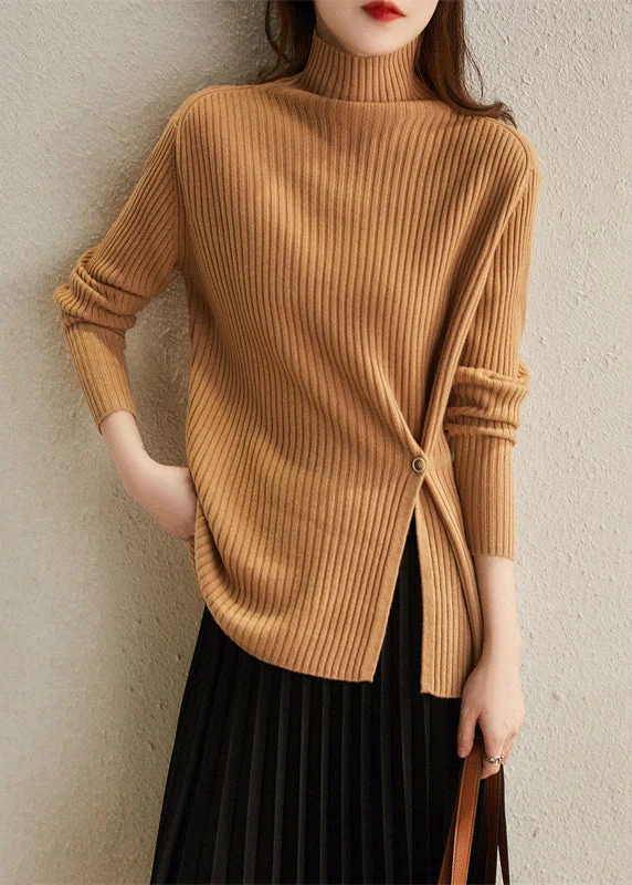 Original Design Khaki Hign Neck Thick Woolen Knit Pullover Winter